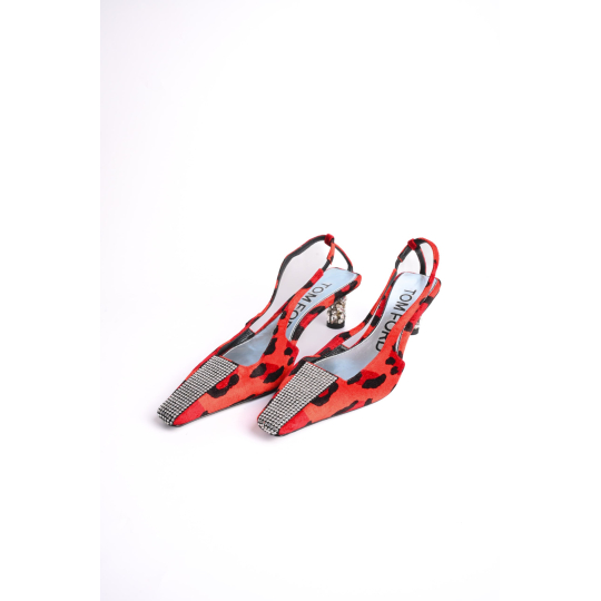 Tom Ford Slingback Pump Red Leopard Print Calf Hair with Crystal Heel