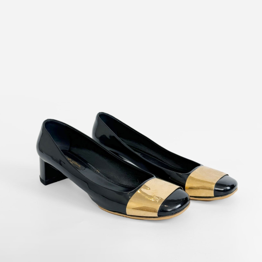 Black Patent Gold Cap Toe Block Heel Pump