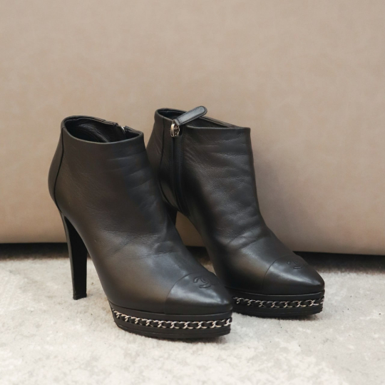Chanel Chain Trim Platform Ankle Boots Black