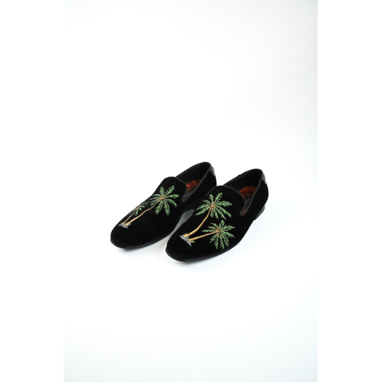 Dolce &amp; Gabbana Palm Tree Embroidered Velvet Slipper Black