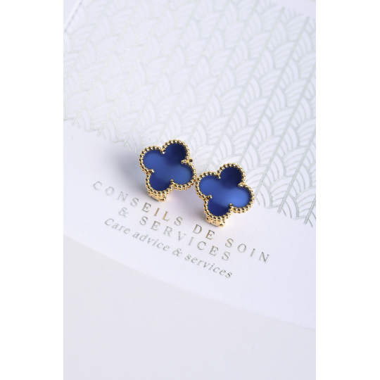 Van Cleef and Arpels Vintage Alhambra Clip Earrings Lapis Blue Stone Yellow Gold