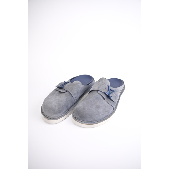 Louis Vuitton Suede Mule Clog Grey Monogram Flower Buckle