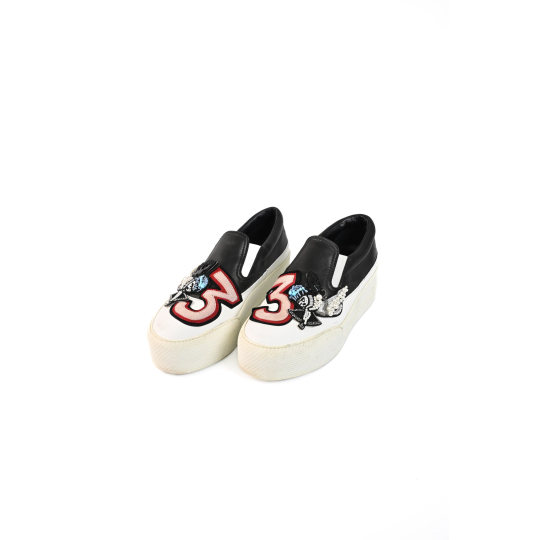 Black Leather Platform Slip On Sneaker with Crystal Number Patch