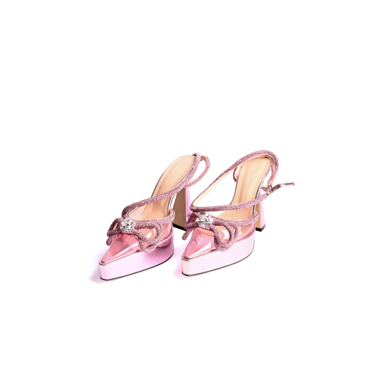 Crystal Embellished Bow Slingback Platform Pump Pink Satin