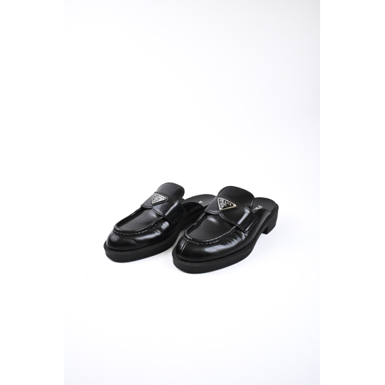 Prada Brushed Leather Loafer Mule Black