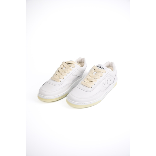 Chanel CC Low Top Sneaker White Calfskin Beige Sole