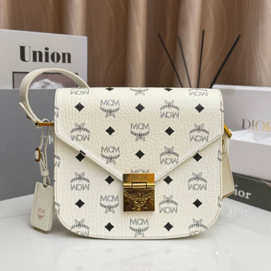MCM Patricia Visetos Shoulder Bag Small White Coated Canvas