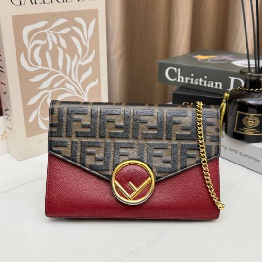 Fendi Wallet on Chain Zucca Red Leather and Coated Canvas
