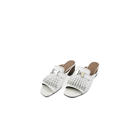 Hermès H Buckle Studded Kiltie Block Heel Mule White Leather