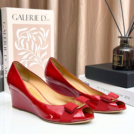 Vara Bow Peep Toe Wedge Red Patent Leather