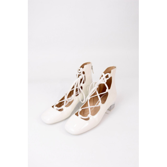 White Patent Lace Up Cage Flat with Clear Heel