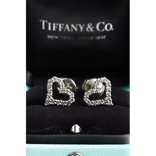 Tiffany and Co Pave Diamond Heart Stud Earrings White Gold Tone