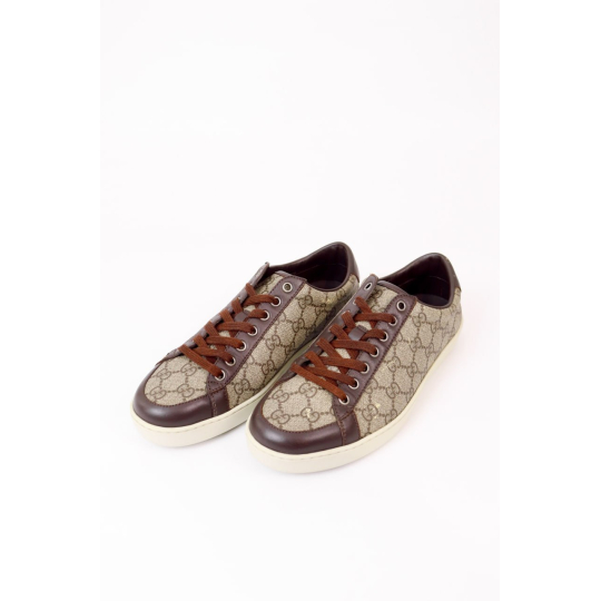 Gucci Ace Low Top Sneaker GG Supreme Canvas Brown Leather Trim
