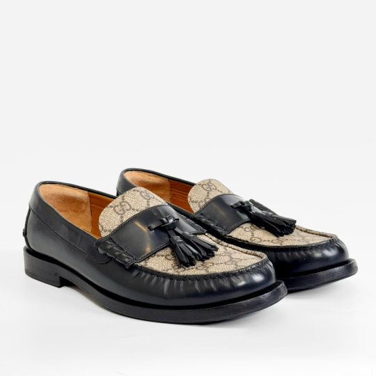 Gucci GG Supreme Canvas Tassel Loafer Black Leather Trim