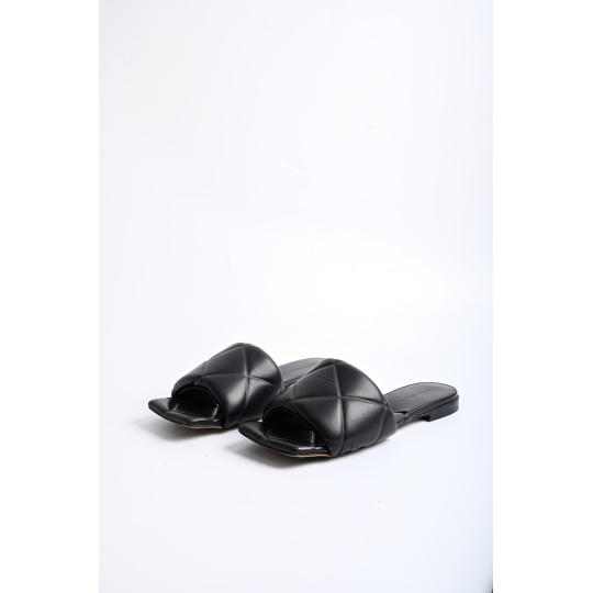 Bottega Veneta Quilted Square Toe Flat Slide Black Lambskin