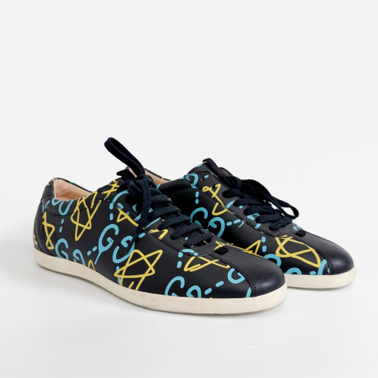 Gucci Graffiti Print Low Top Sneaker Black Leather
