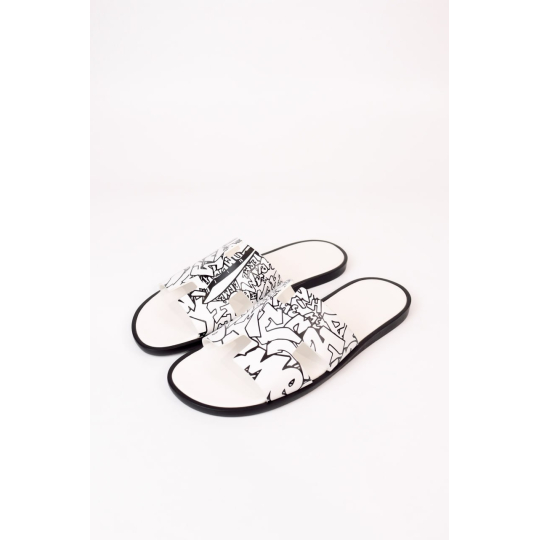 Hermes Flat Sandal White Printed Leather Black Sole