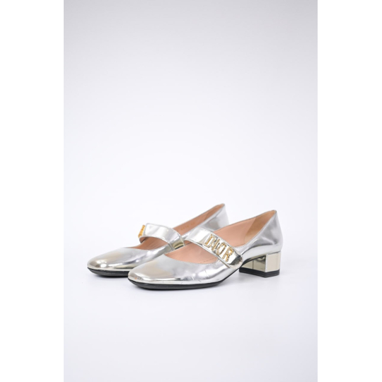 Silver Metallic Leather Mary Jane Block Heel Pump