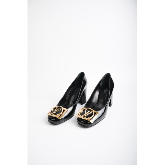 Louis Vuitton Logo Buckle Block Heel Pump Black Patent Leather