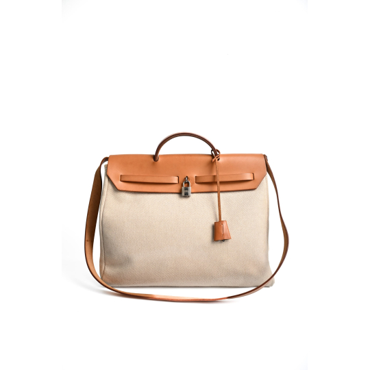 Hermes Herbag Zip 39 Toile Canvas Natural Beige and Fauve Leather