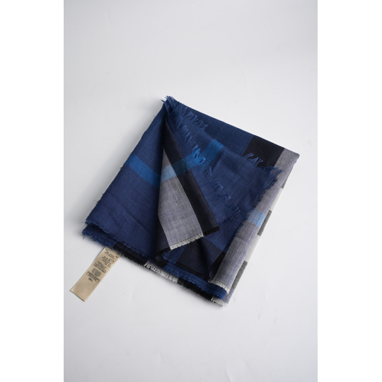 Burberry Check Lightweight Scarf Navy Blue Wool and Silk Blend with Fringe