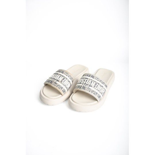 Dior Dway Slide Sandal Cream Embroidered Canvas Rubber Sole
