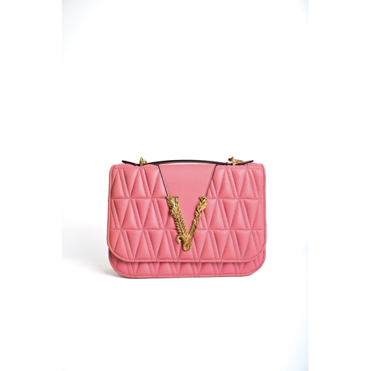 Versace Virtus Shoulder Bag Pink Quilted Lambskin Gold V Hardware