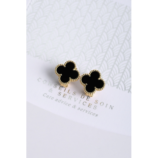 Van Cleef and Arpels Vintage Alhambra Clip Earrings Black Onyx Yellow Gold