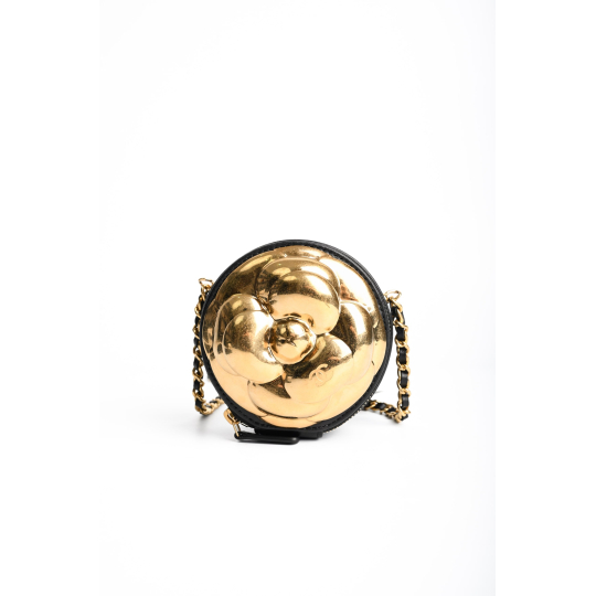 Chanel Camellia Round Minaudiere Clutch Black Lambskin Gold