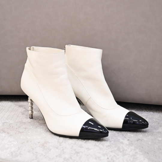 Chanel Pearl Heel Cap Toe Ankle Boot Ivory