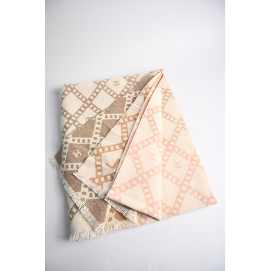 Chanel CC Logo Reversible Shawl Beige and Pink Cashmere Wool Blend Scarf