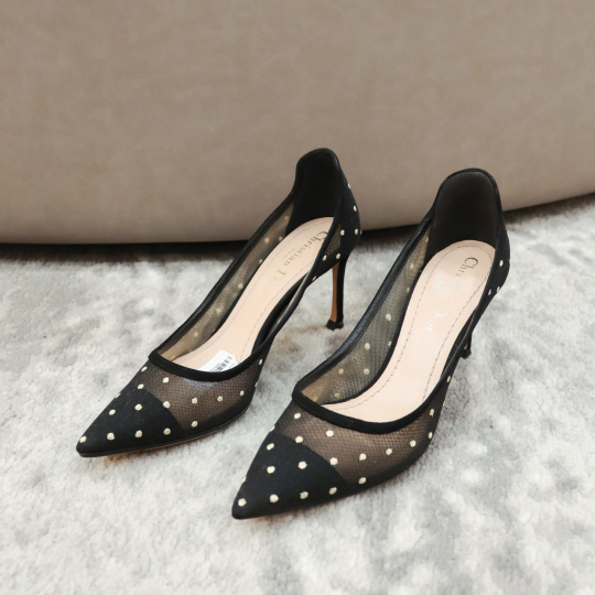 Dior Polka Dot Mesh Pointed Toe Pump Black