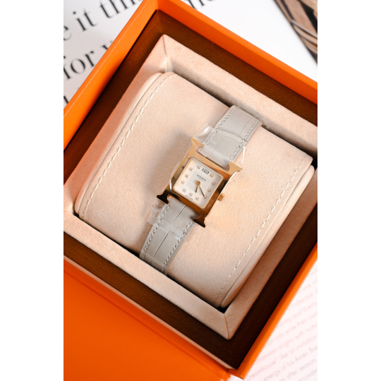 Hermes Heure H Ladies Watch Rose Gold Tone with Grey Leather Strap