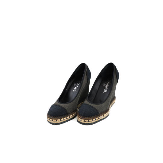 Chanel Espadrille Wedge Pump Grey Navy Denim Canvas