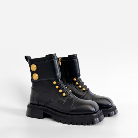 Studded Lace Up Combat Boot Black Leather Gold Domes
