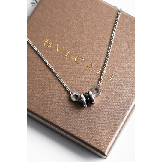 Bulgari Silver Tone Chain Necklace with Black Ceramic Spiral Pendant