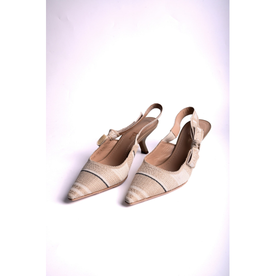 Chanel Slingback Kitten Heel Beige Tweed and Leather