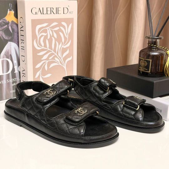 Chanel Dad Sandal Black Quilted Grained Calfskin CC Buckle