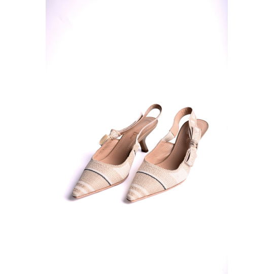 Chanel Slingback Kitten Heel Pump Beige Tweed with Black Cap Toe