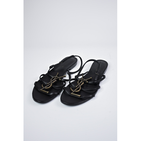 Saint Laurent Cassandra Flat Sandal Black Leather with Gold YSL Logo