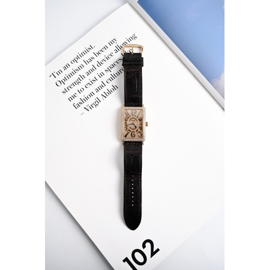 Franck Muller Long Island Diamond Watch Rose Gold with Black Leather Strap