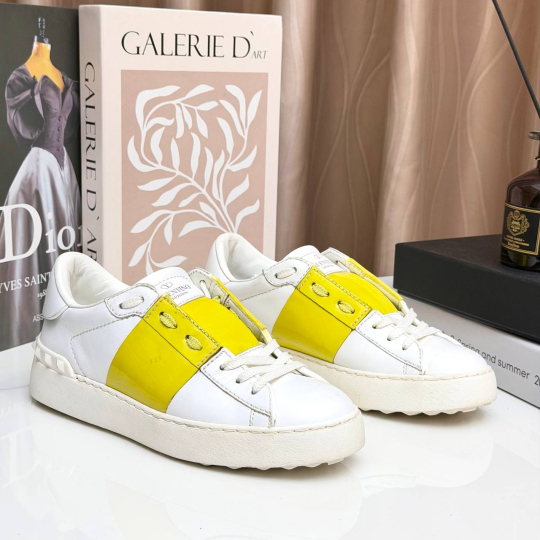 White and Yellow Leather Low Top Sneaker