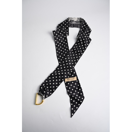 Black and White Polka Dot Silk Twilly Bag Scarf with Gold Tone D Ring