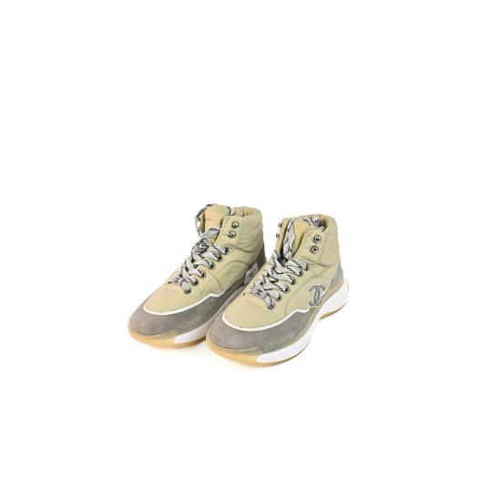Chanel High Top Sneaker Khaki Nylon and Grey Suede