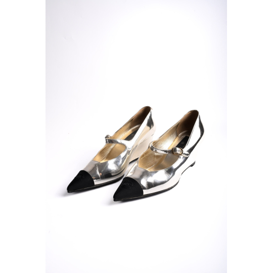 Chanel Mary Jane Wedge Pump Silver Metallic Leather with Black Cap Toe