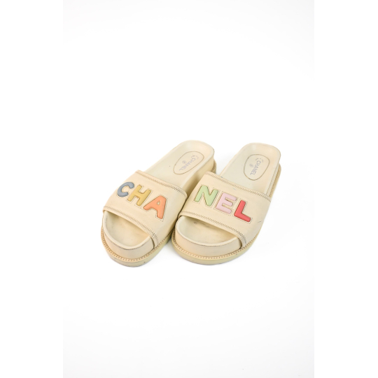 Chanel Logo Slide Sandal Ivory Leather