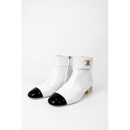 Chanel Ankle Boot White Leather Black Cap Toe