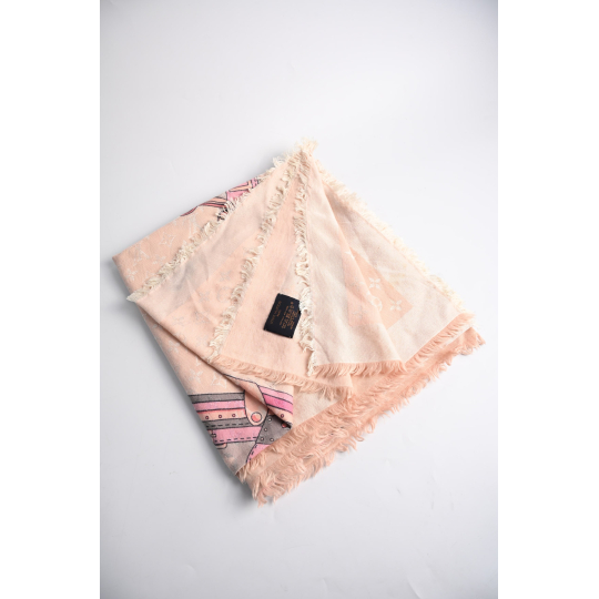 Louis Vuitton Monogram Shawl Pale Pink Silk Wool Blend Printed Scarf