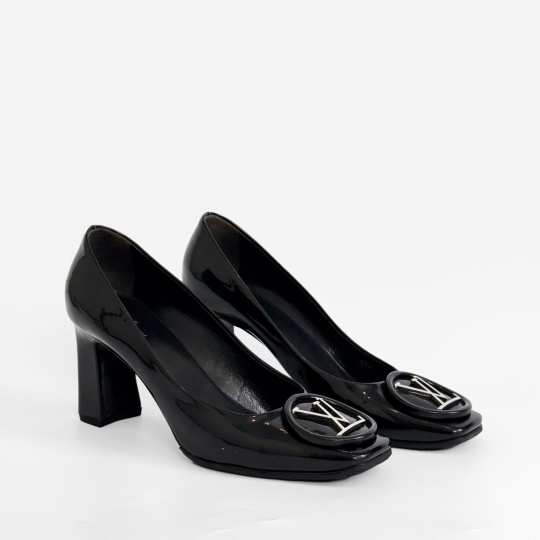 Louis Vuitton LV Coin Block Heel Pump Black Patent Leather