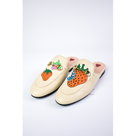 Gucci Princetown Strawberry Embroidered Mule Cream Leather